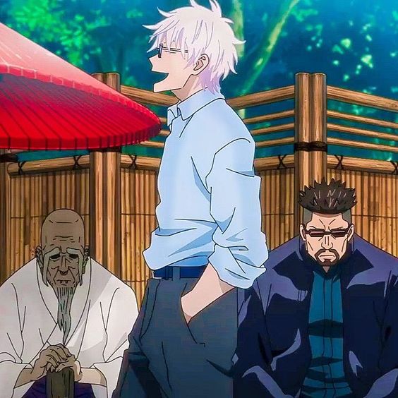 the image shows three men in an outdoor setting, perhaps a garden, with one man standing in the center, flanked by two seated men. the standing man, with white hair and glasses, wears a light blue shirt and dark pants, conveying a casual yet refined appearance. he's positioned centrally, drawing the viewer's attention. to the left, an elderly man with a long white beard sits serenely, embodying wisdom and experience. on the right, a more rugged man with dark hair and sunglasses adds an air of intensity. the use of bright, natural lighting enhances the scene's vibrancy, highlighting the characters' features and the lush greenery surrounding them. the image suggests a narrative, perhaps a meeting of individuals from different walks of life, each with their own story to tell.