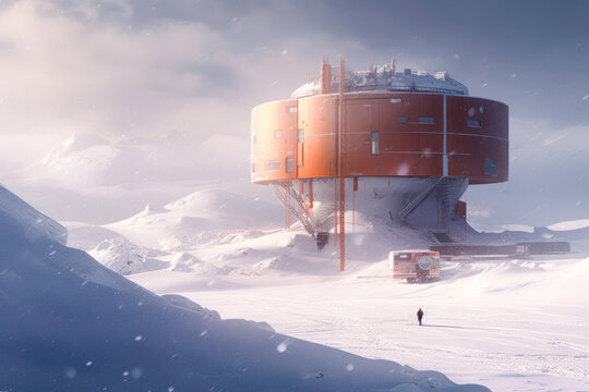 a futuristic, orange and red structure with a circular base sits on a snowcovered mountaintop. the structure looks like a scientific research station or a base camp. the landscape is white and vast, with snowcovered mountains in the distance. the sky is a pale blue, and the air is filled with snowflakes. a lone figure walks in the distance, adding to the sense of isolation and desolation.