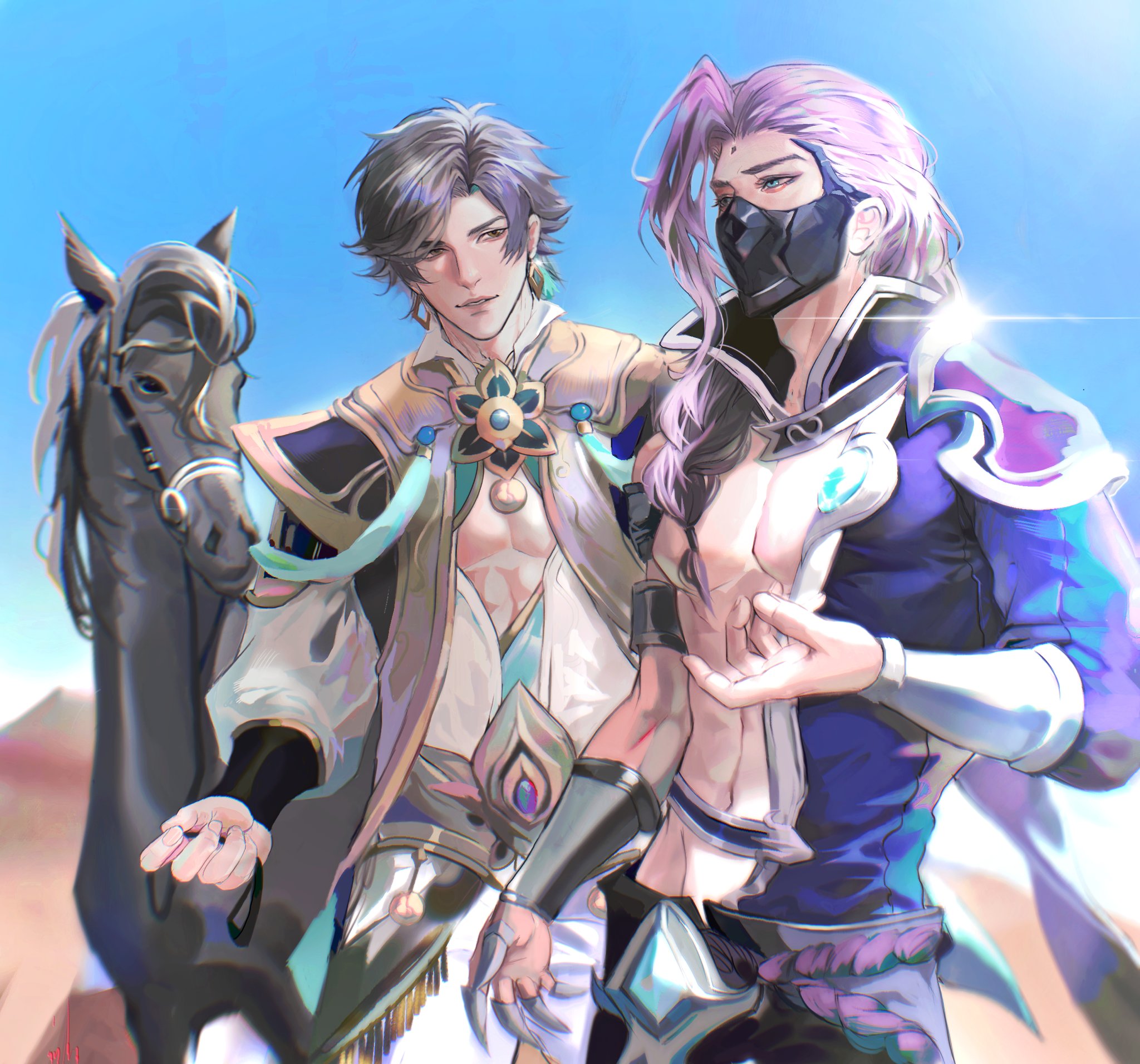 two anime boys are in the desert. the boy on the left has black hair and is wearing white clothing and is riding a black horse. the boy on the right has purple hair and is wearing blue clothing. he has a black mask on his face.