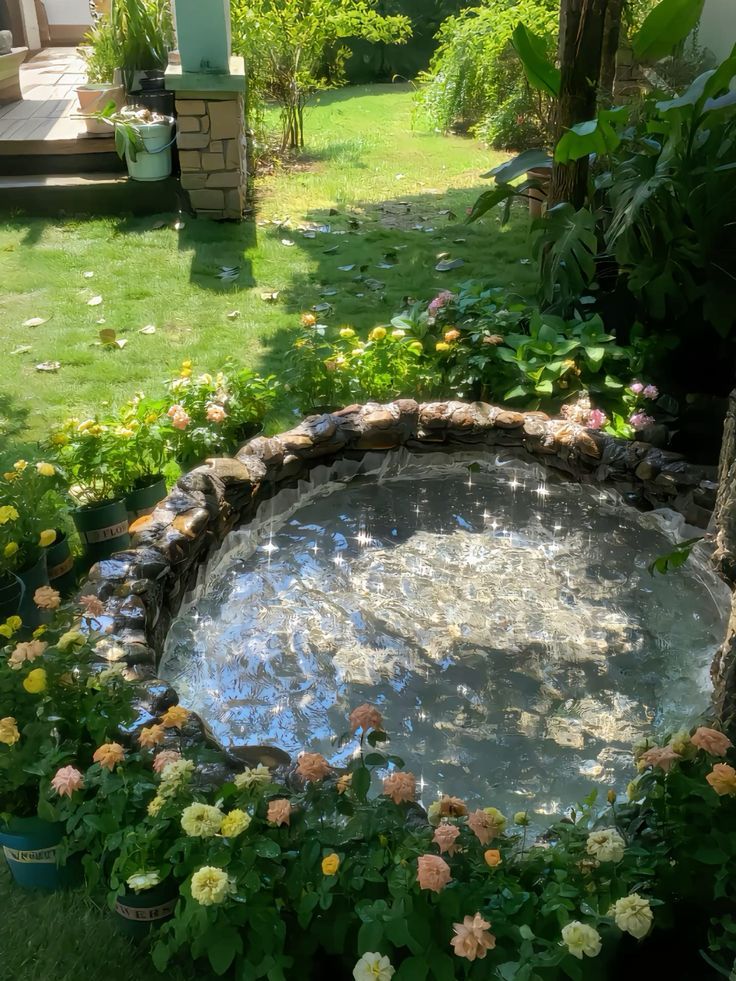 a tranquil outdoor scene featuring a circular pond surrounded by stones and vibrant flowering plants. the water glistens in the sunlight, creating a reflective surface. the pond is nestled in a green garden with a neatly kept lawn and various plants and greenery. the scene evokes a sense of serenity and natural beauty, with the garden's landscaping and decorative elements enhancing the idyllic atmosphere.