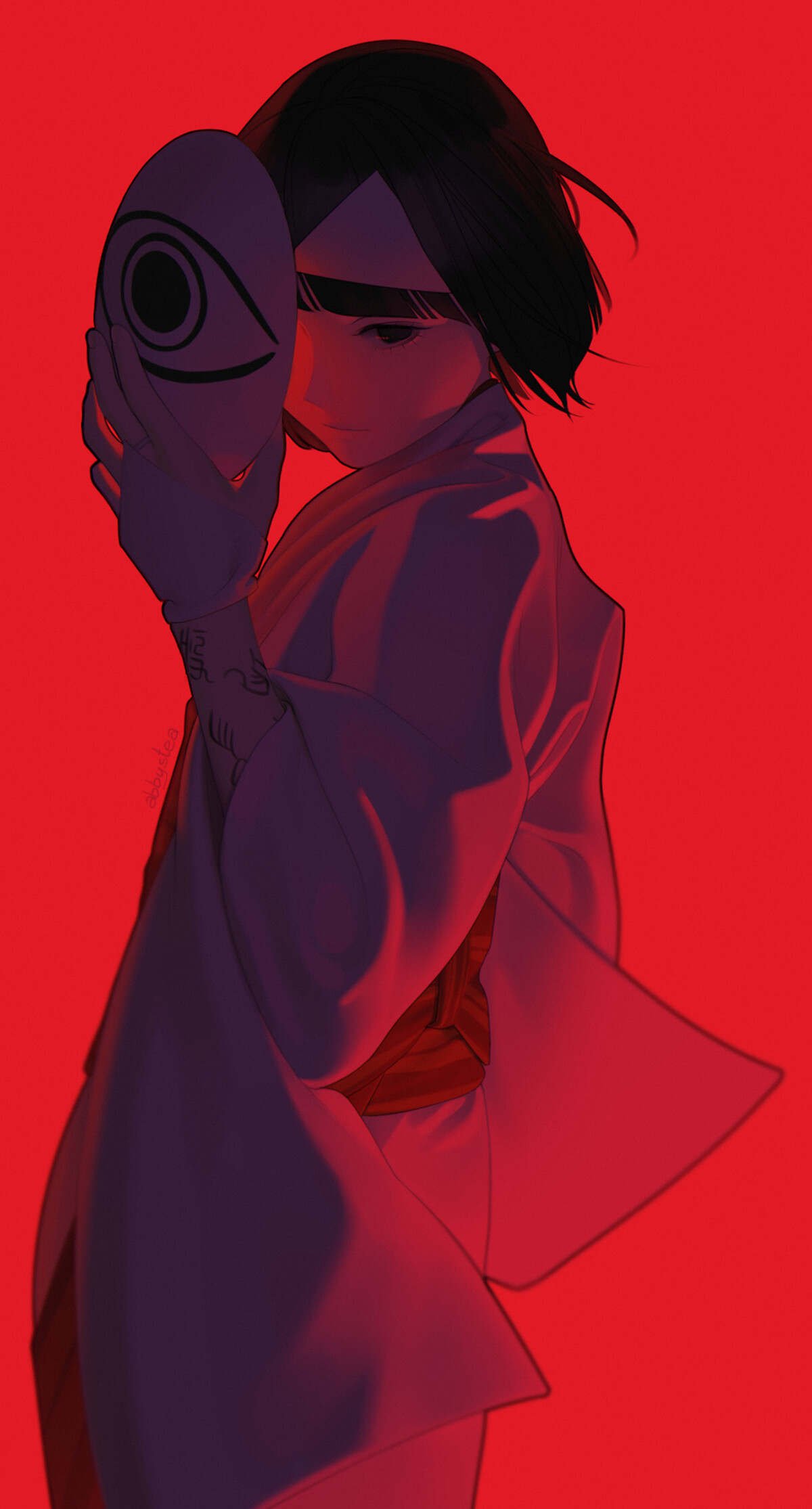 an animestyle woman in white japanese clothing stands against a red background. she holds a white mask with a black eye symbol over part of her face, her expression solemn. she has short, dark hair and a tattoo on her arm. the lighting is dramatic, highlighting the contours of her clothing and the mask.