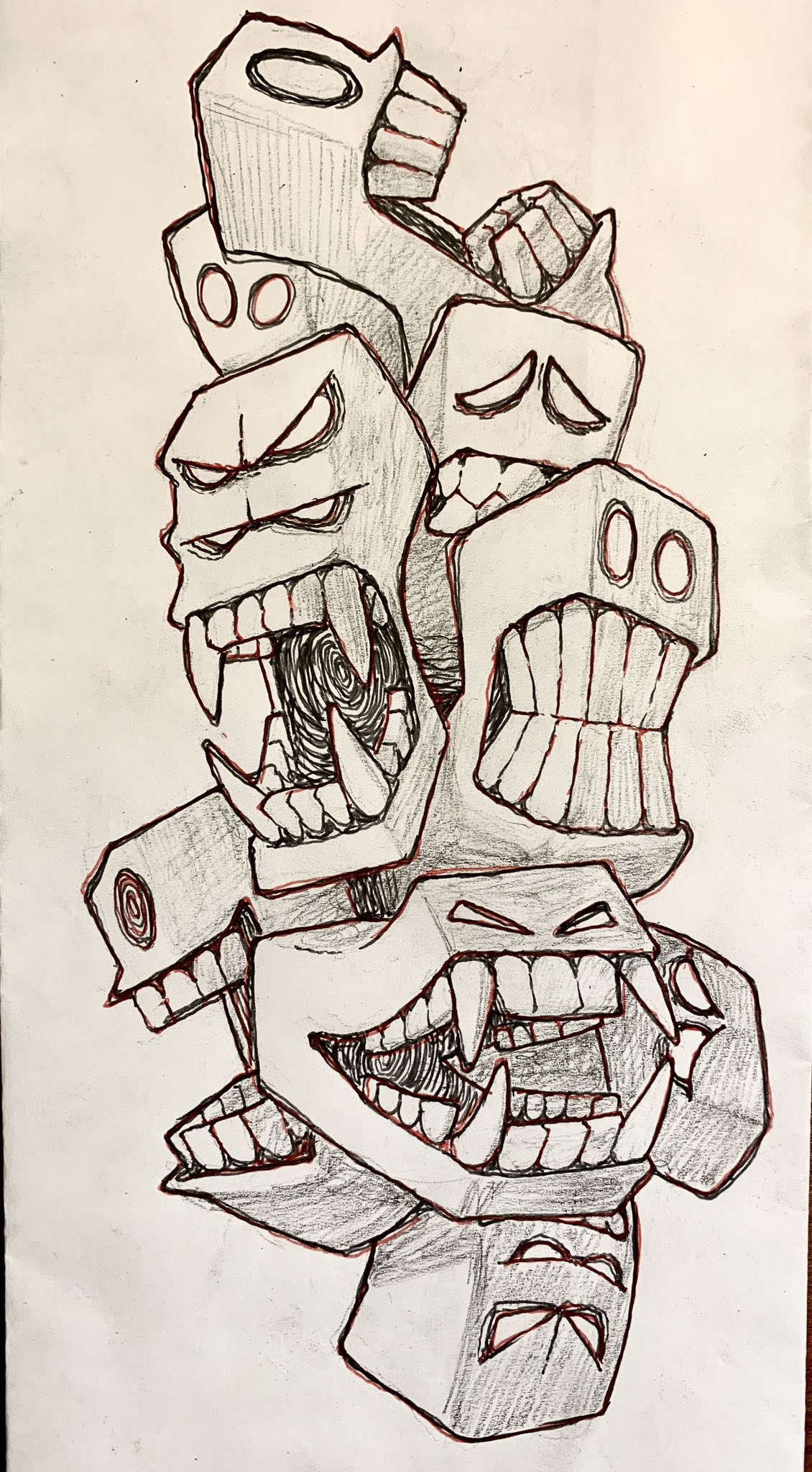 this is a pencil sketch of a stack of monster heads, each with sharp teeth. the monster heads are drawn in a cartoonish style and have exaggerated features.