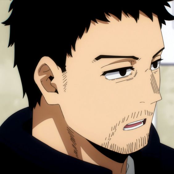 this image shows a closeup illustration of a male anime character, showcasing his facial features and expression. the character has short, dark hair, thick eyebrows, and light stubble along his jawline. he appears to be looking towards the right side of the frame, and his mouth is slightly open as if in thought or about to speak.