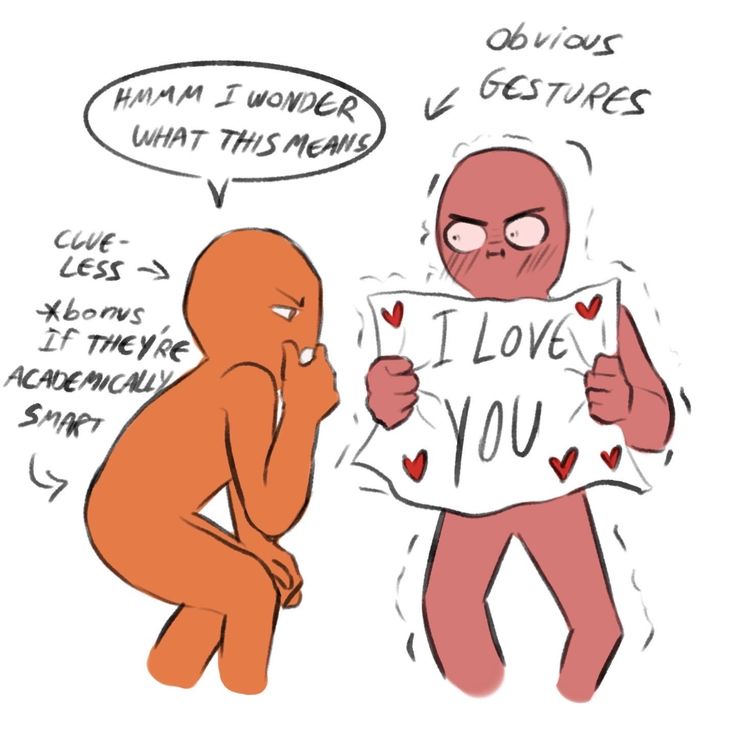 this is a funny cartoon illustrating the difference between obvious and subtle gestures of love. the cartoon on the right is making an obvious gesture, while the cartoon on the left is making a more subtle, but still caring gesture. the caption on the top mentions clueless and if they are academically smart.