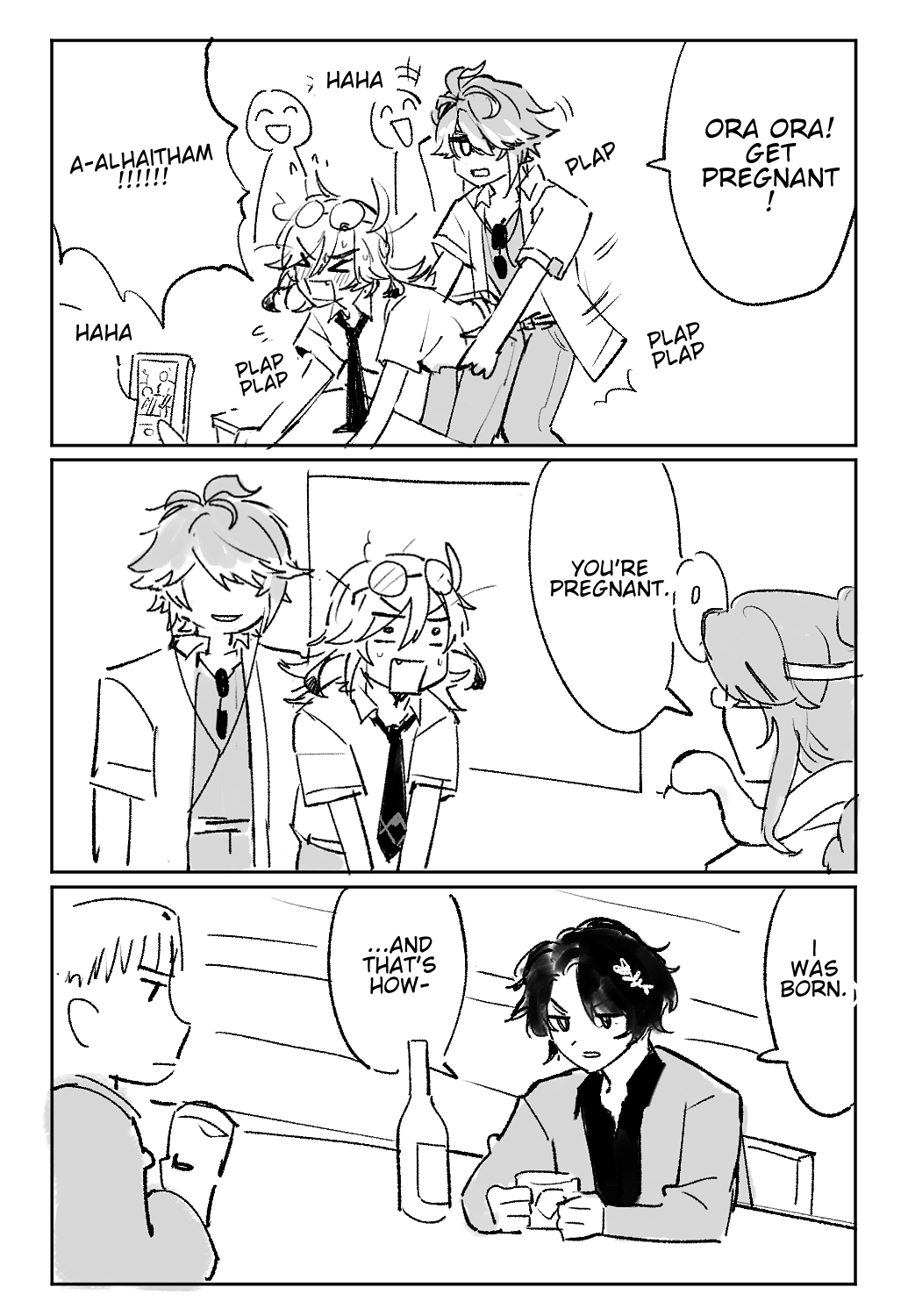 the image shows a comic strip about alhaitham from genshin impact. the strip features alhaitham, a character with light brown hair, in various scenarios, hinting at a pregnancy and the birth of a child. the comic is presented in a humorous and lighthearted manner.