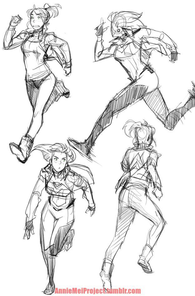 a series of four sketches showing a female character running from different angles. the sketches emphasize movement and gesture over fine detail, using quick, loose lines to capture the energy of the action.