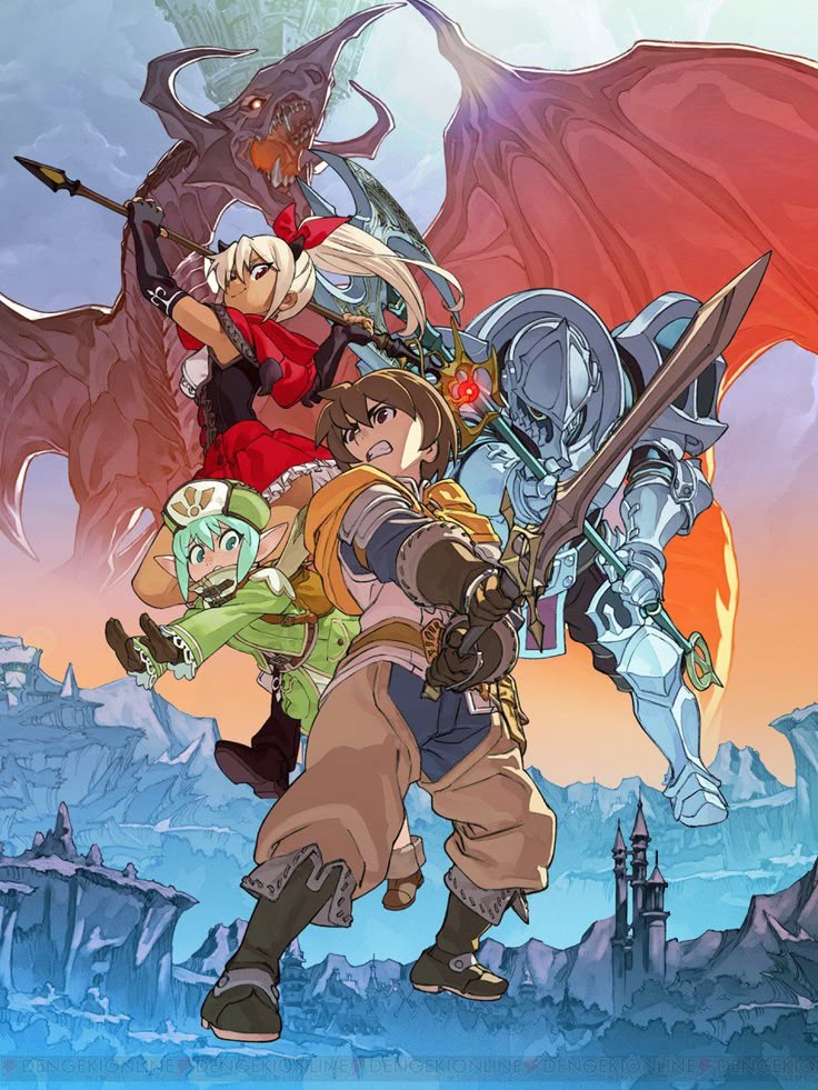 a group of fantasy characters pose in front of a dragon and castle. the characters include a male warrior with a sword, a knight, an elf, and a redclad female warrior with a spear. the background features a castle and mountains. the art style is reminiscent of anime or video game art.