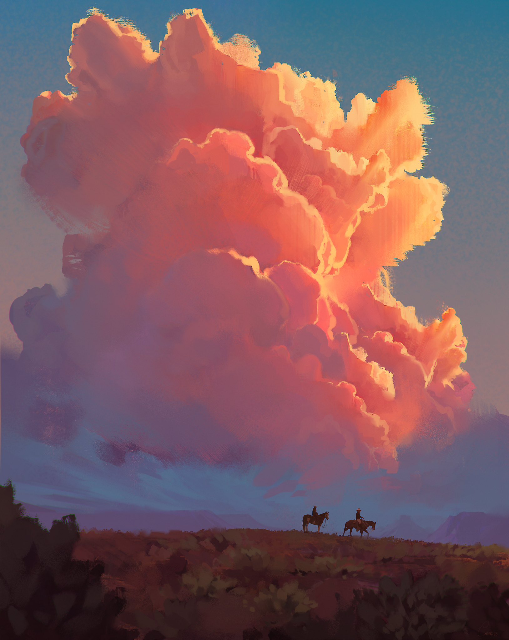 two cowboys on horseback are silhouetted against a vivid sunset. they are positioned on the horizon line of a flat, desert landscape. the sky is dominated by a massive, pinkhued cumulonimbus cloud, catching the last rays of the setting sun. the scene evokes a sense of vastness and the classic iconography of the american west.