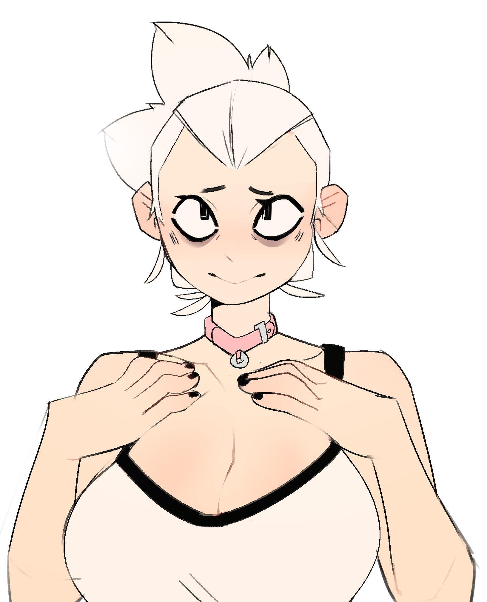 a cartoon anime girl with white hair is drawn wearing a black tank top and pink choker. she is blushing with a shy expression, looking down with her hands near her chest.