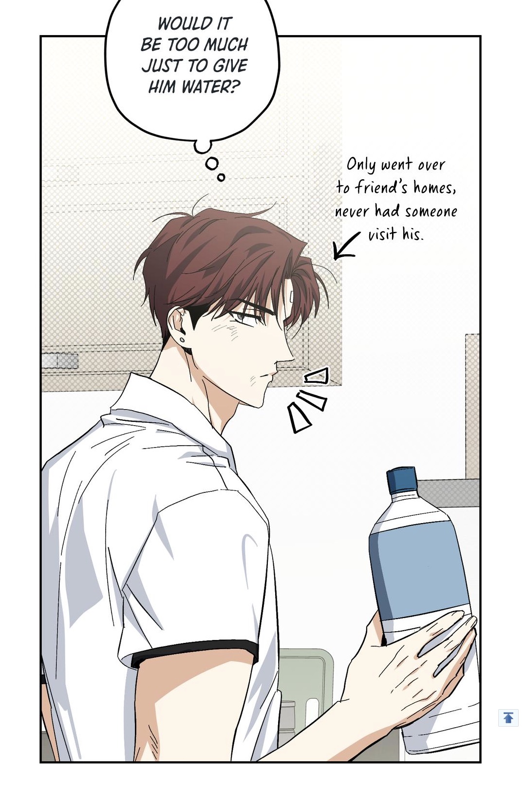 the image is a panel from a manhwa (korean comic).  it depicts a young man with short, brown hair who appears thoughtful and perhaps slightly hesitant.  he's holding a bottle of water and a thought bubble above him indicates he's considering giving it to someone. the text in the image reveals this person is rarely visited. the art style is clean and relatively simple, typical of manhwa. the overall mood is tender and slightly melancholic.