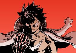this is an illustration of an anime or manga character with black hair, red eyes and a serious expression. he has a powerful look and seems to be in the middle of action. the red background adds to the intensity of the image.