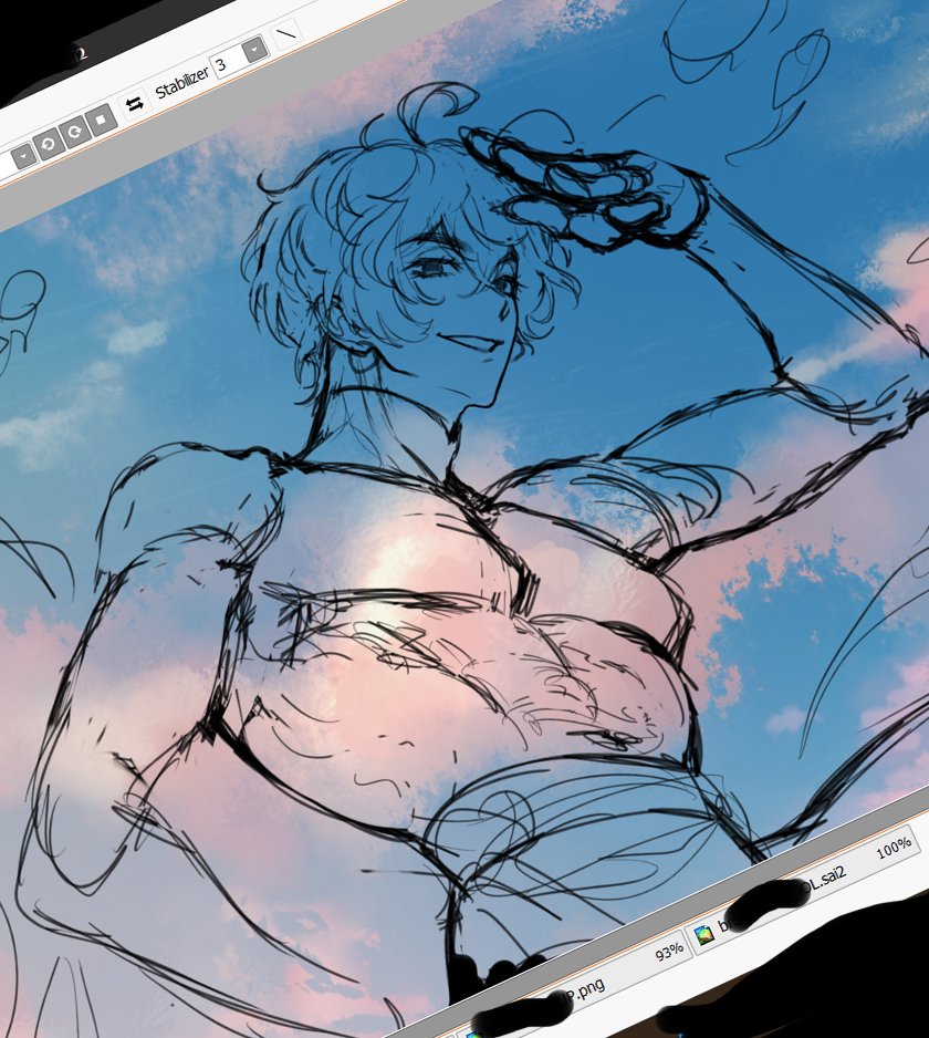 the image shows a digital art work in progress (wip) displayed on a computer screen. the artwork depicts a muscular, animestyle male character with curly hair, shielding his eyes from the sun. he's posed dynamically against a background of a painted pastel sunset sky.  the sketch lines are visible, indicating the work is unfinished. the screen shows tools and settings, including a stabilizer and opacity percentage, typical of digital art software.  the overall style is expressive and dynamic, showcasing the artist's process.