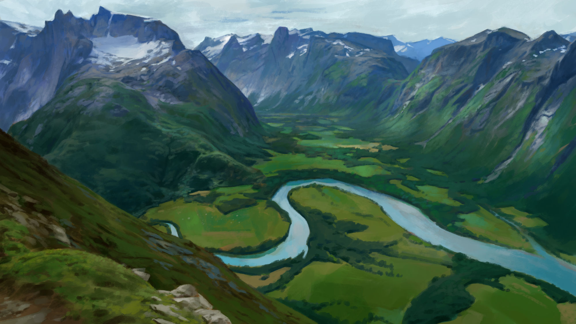 the image shows a picturesque aerial view of a lush green valley nestled amidst towering mountains. a meandering river, its water a vibrant turquoise, snakes through the valley floor. the mountain slopes are a patchwork of green hues, indicating dense vegetation. patches of snow cling to the higher peaks, while the sky above is a soft, overcast gray.  overall, the image evokes a sense of tranquility and the aweinspiring beauty of nature.