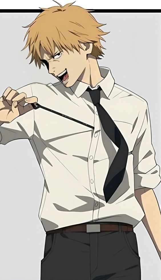 an anime style illustration of a young man with short messy blond hair is wearing a white button up shirt with a black tie loosened around his neck and black slacks.  he is pulling the tie away from his neck while yelling at someone.