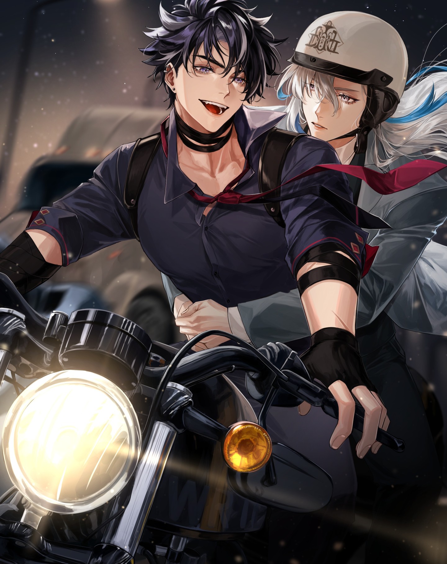 the image is a dynamic illustration, likely fanart, depicting two animestyle young men on a motorcycle at night. one has dark hair and is smirking, wearing a dark collared shirt and a leather jacket. the other has long white hair and is wearing a white helmet and a lightercolored coat. they appear to be in a close, intimate relationship and are positioned in a way that suggests action or movement.  the background is blurred but shows a city streetscape at night, enhancing the dramatic feel of the scene. the overall style is sleek and stylish, emphasizing the characters and the dynamic action of the scene.