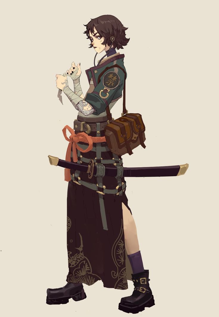 a digital painting of a female anime character. she is dressed in a mix of traditional japanese and modern clothing, including a dark kimonolike garment with intricate designs, a green jacket, and chunky black boots. she carries a satchel and a katana, and has bandages on her hands and a tattoo on her arm. her expression is serious and she is looking to the side. the art style is detailed and stylized.