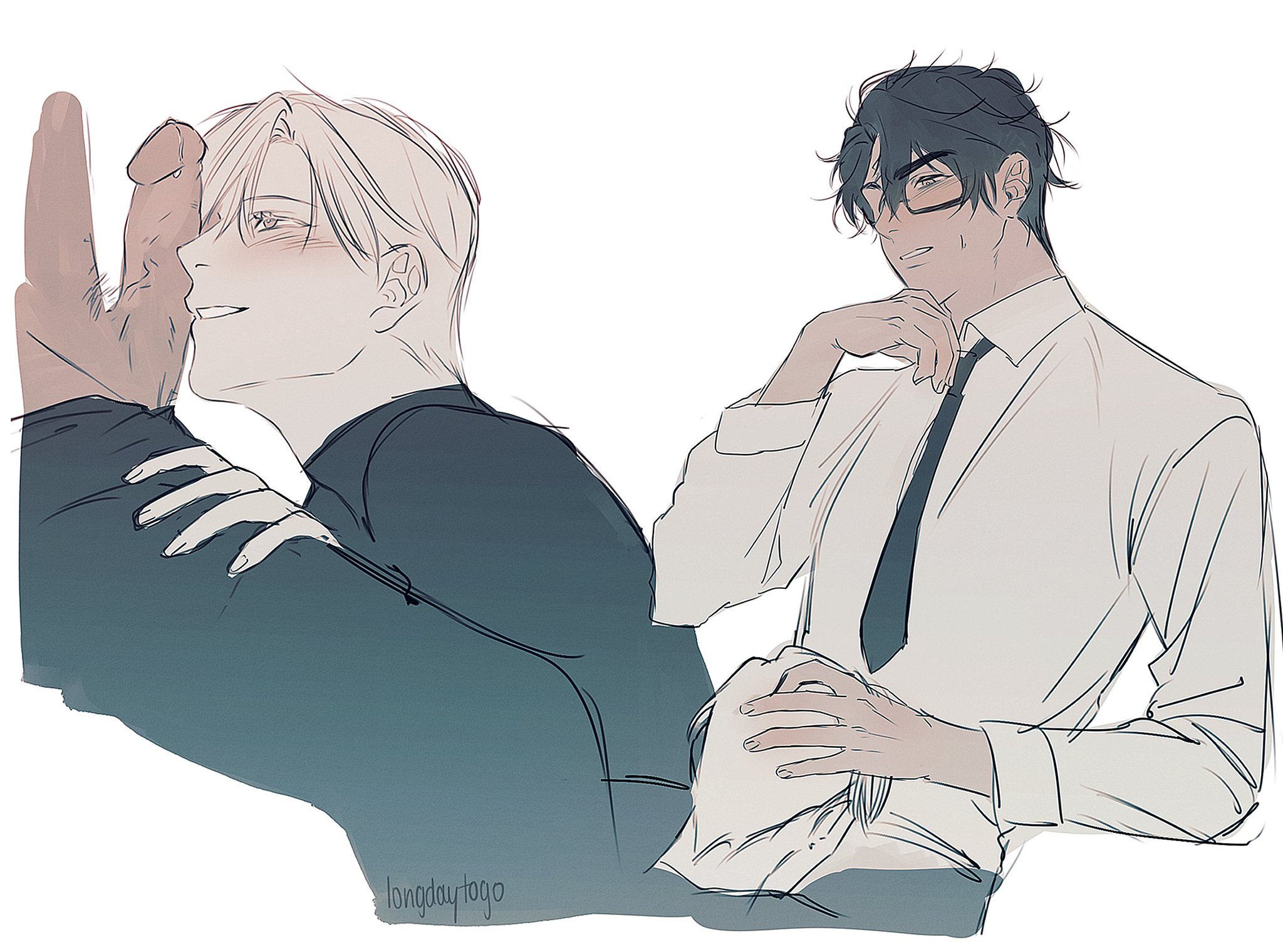 the image is a suggestive yaoi drawing featuring two men.  one, with lightcolored hair, is shown from the waist up, partially obscured, engaging in a sexually suggestive act with the other man's leg and lower body.  the other man, with dark hair and wearing glasses and a white shirt and tie, is shown from the waist up, appearing to be observing or engaging with a third, partially obscured person in the lower part of the image.  the style is a sketchy, less polished style consistent with fanart or manga. the overall tone and body language of the figures suggests a sexually charged interaction or relationship between the two main figures.