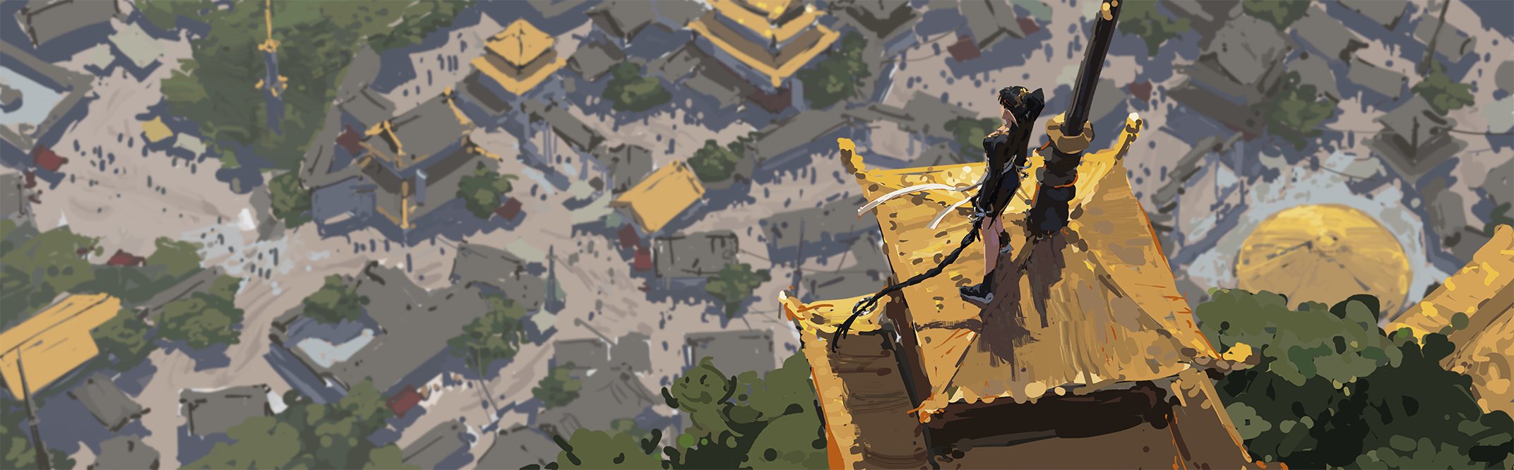 a digital painting depicts a young woman in a black dress standing on a golden rooftop, overlooking a sprawling city. the city appears to be of east asian design, with many buildings and pagodas. the art style is painterly and stylized, with visible brushstrokes and a muted color palette dominated by golds, yellows, blacks and greys. the overall atmosphere of the image is one of quiet contemplation and fantasy.