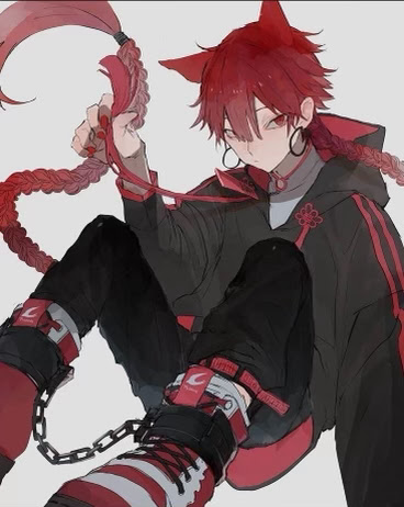 the image depicts a redhaired anime character wearing a black hoodie and black pants. they have cat ears, red eyes and a red braid. they are wearing red and black chained shoes. the character is sitting with their legs crossed and their arms crossed. the background is white.