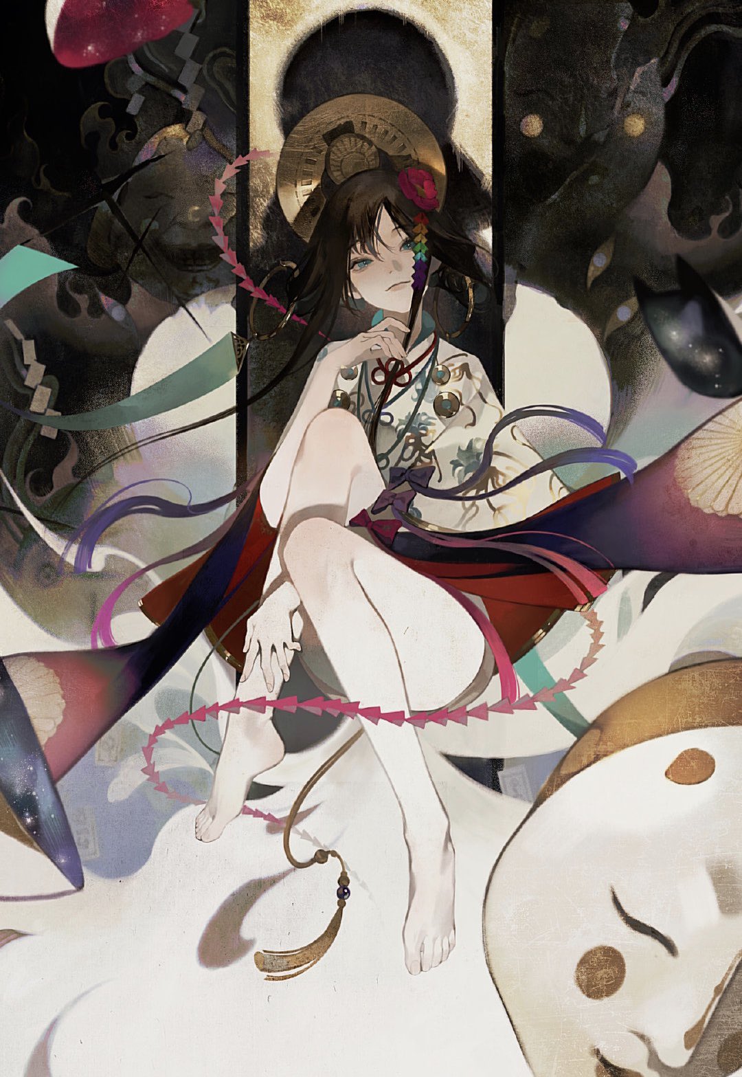 a digitally illustrated image of a young animestyle woman sitting in a traditional japanese setting. she is wearing a white kimono with floral patterns and a red sash, and her long black hair is adorned with a red flower. her skin is fair and she has large, expressive eyes that are slightly narrowed. the background is a mix of white, red, blue, and gold, suggesting a traditional japanese setting.  a mask can be seen to the right of her. the overall tone of the illustration is whimsical and ethereal.