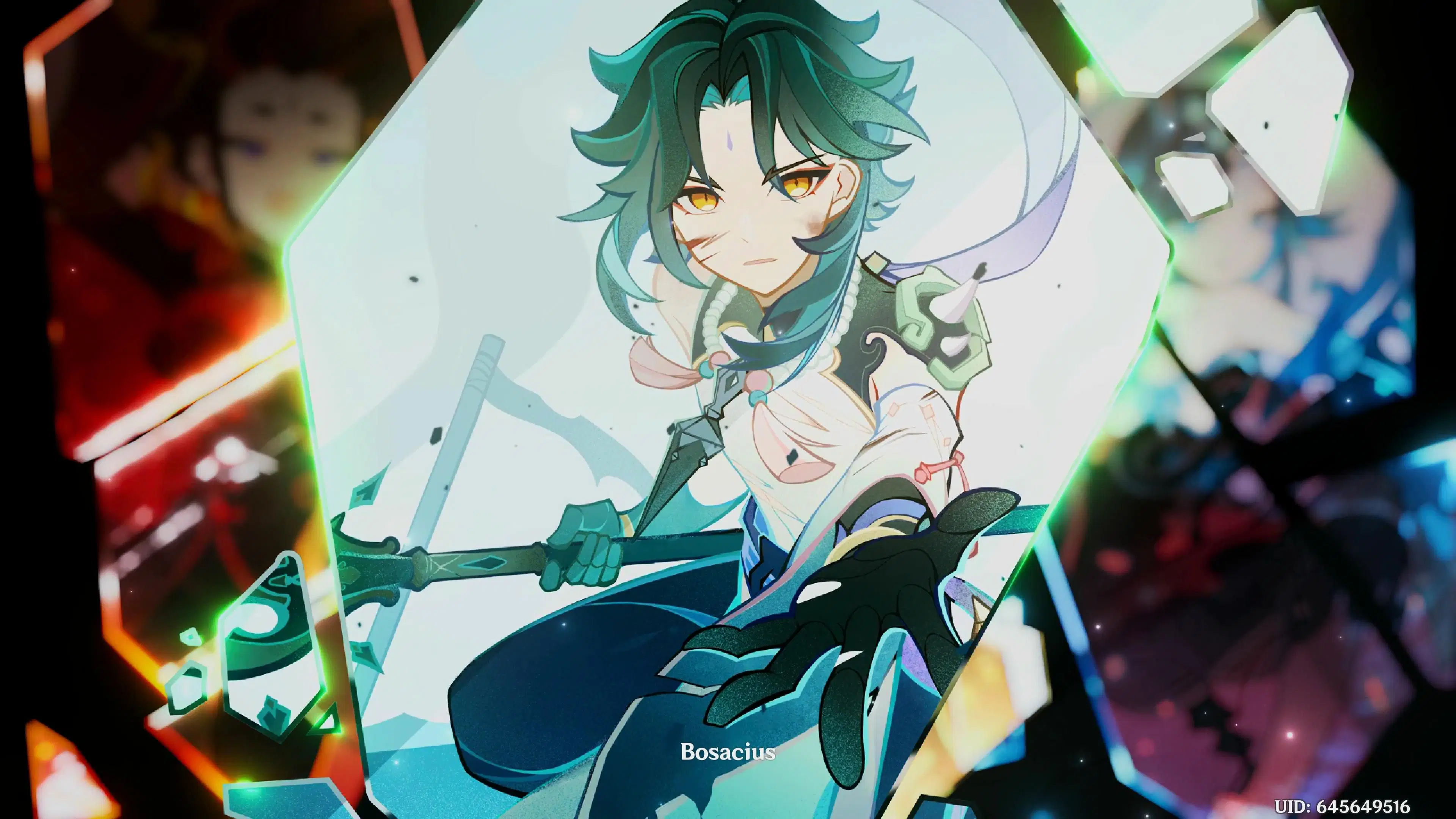 a digital illustration of a male character from the video game genshin impact. the character is holding a sword in his right hand and is wearing a white shirt, blue pants, and black gloves. he is standing against a blue background with a glowing green border around his portrait. the character has green hair and a strong expression on his face.