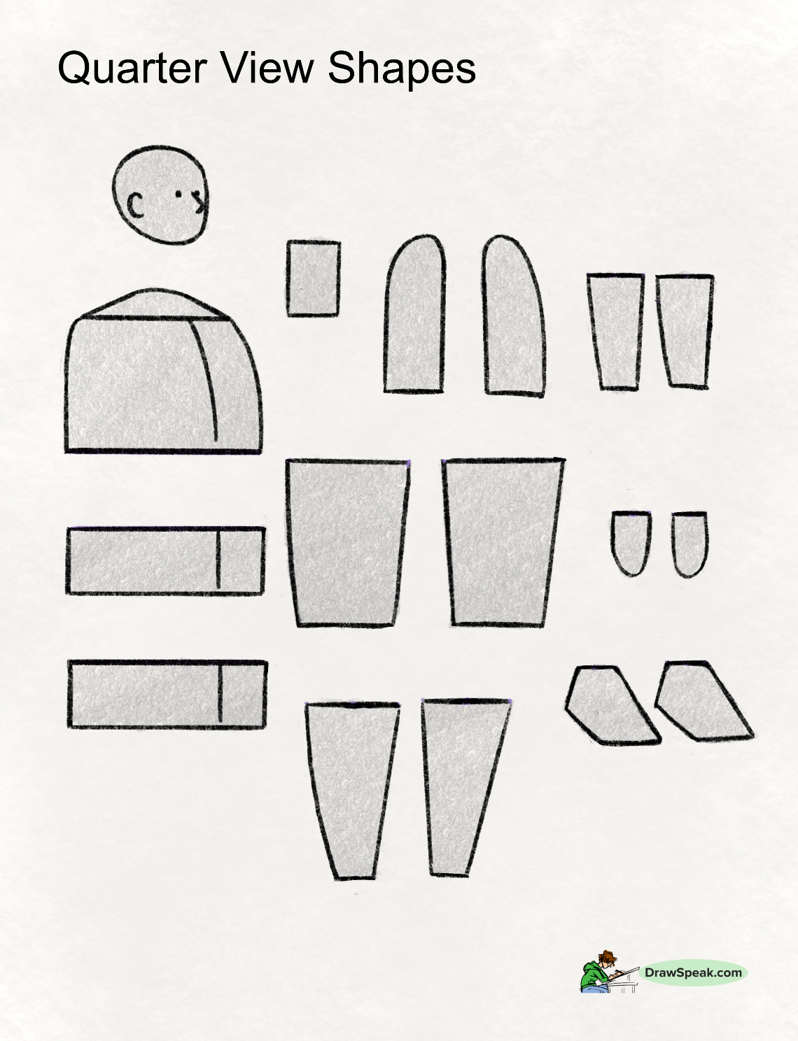 the image contains a worksheet titled "quarter view shapes". it shows various geometric shapes arranged in a way that suggests the components of a simple figure, possibly a robot or person. the shapes are primarily rectangles, trapezoids and arches, drawn in a simple, childfriendly style. the shapes are shaded lightly grey to provide some visual contrast against the white background.  in the bottom right corner, there is a small logo for "drawspeak.com".