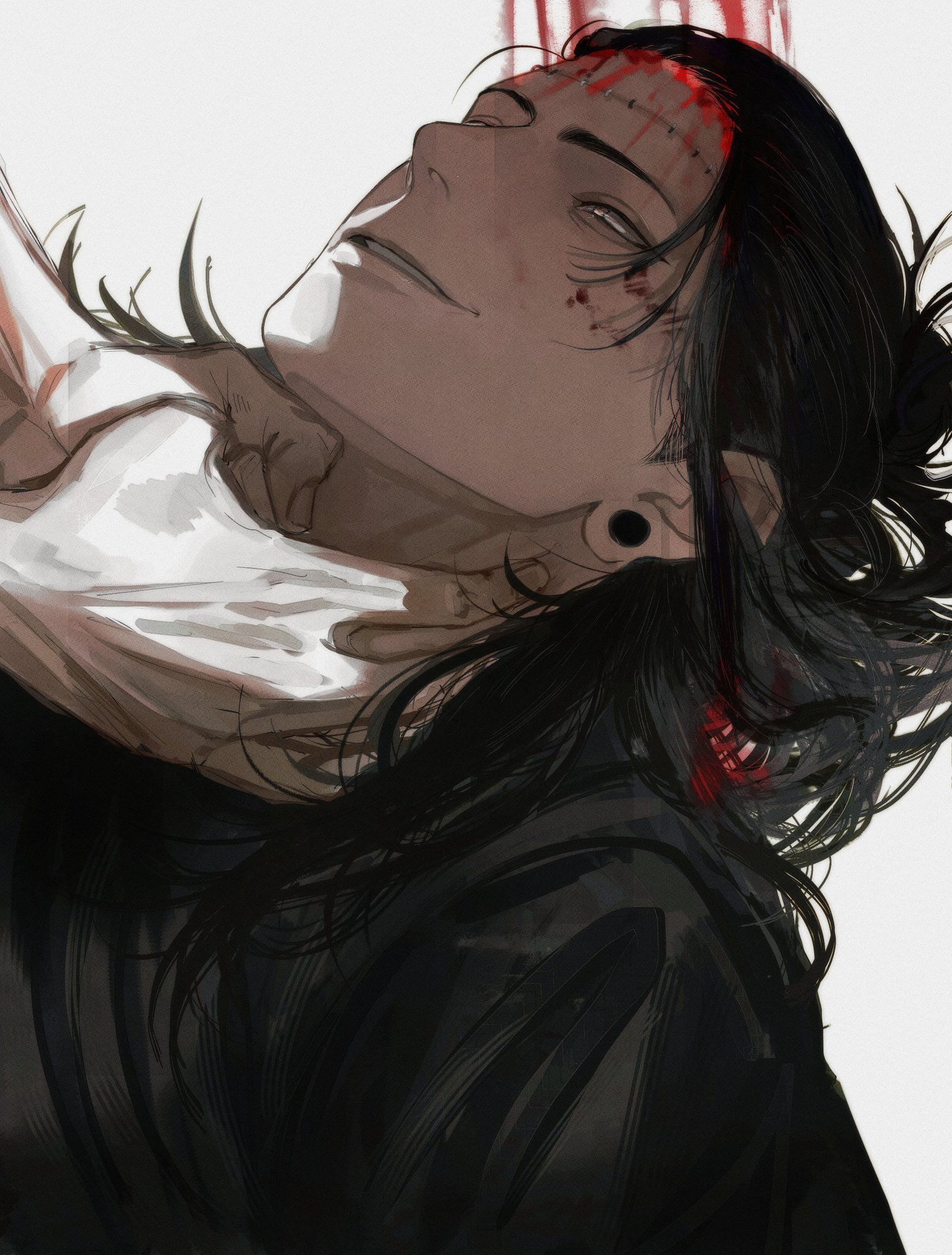 an anime character with long black hair is portrayed in a closeup portrait, looking away from the viewer. he is lying on his side, and his head is tilted back slightly. his face is illuminated by the light from behind, revealing the wounds on his forehead that are bleeding. he has a serious and determined expression on his face, and his eyes are closed. he is wearing a dark jacket, and his hair is framing his face, obscuring most of it. the background is a blurred white color, with only a few details visible. the image appears to be an illustration, showcasing a dramatic moment in the story. the overall impression is one of pain and suffering, but also of strength and determination.