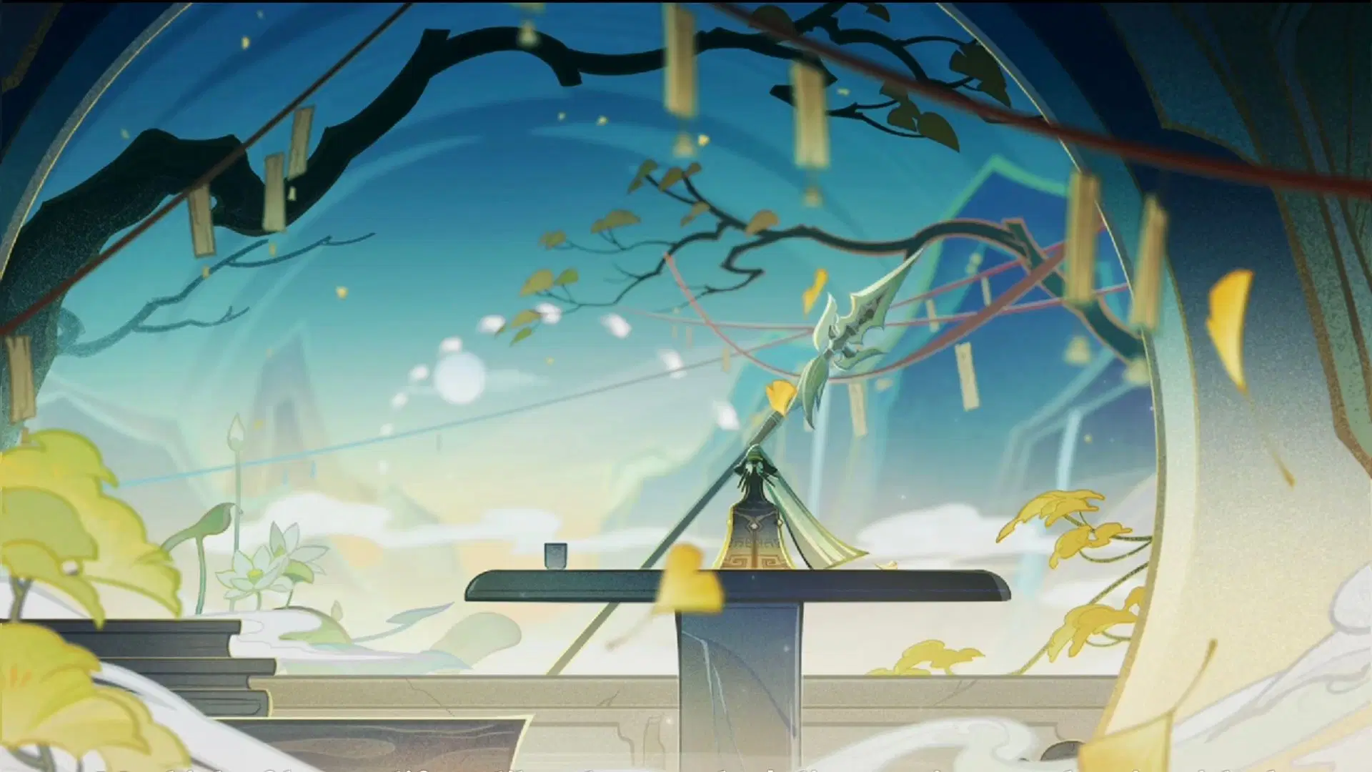 the image is a beautiful and peaceful scene from a fantasy anime. the backdrop is a serene landscape with mountains, a pond with blooming lotus flowers, a clear sky with fluffy clouds, and a bright moon hanging high. in the foreground, there's an arched doorway leading to a platform with a table and a chair. on the table lies a spear, its tip pointing upwards. the scene is adorned with vibrant foliage and delicate decorations, creating a mystical and enchanting atmosphere. the overall impression is one of tranquility and spiritual serenity.