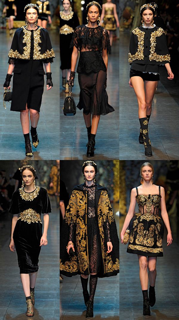 a collage showcasing six models on the dolce & gabbana fall/winter 2013 runway. each model wears a distinct yet cohesive outfit featuring a combination of black and gold.  the designs incorporate intricate embroidery, lace, velvet, and ornate detailing.  the styles range from capes and dresses to skirts and tops.  the models all wear headpieces and some have socks and boots. the overall aesthetic is luxurious and dramatic.