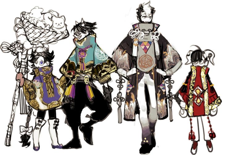 this image is an illustration of 4 characters, with a whimsical, anime style. they are all wearing traditional, elaborate clothing reminiscent of both chinese and japanese styles. the characters are posed in various stances, with expressions of happiness.