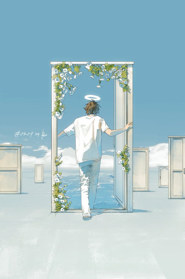 a young man with a halo walks through a doorway overflowing with white flowers.  the doorway seems to lead to an ocean in the sky.  the scene takes place on a flat plane with other similar doors in the distance, but this is the only door in use.