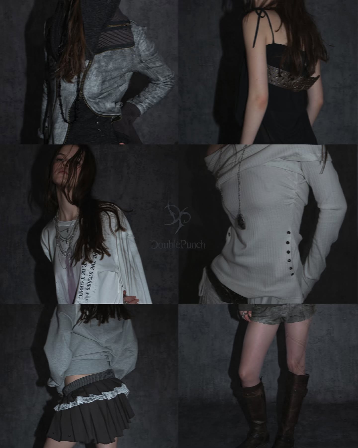the image is a fashion collage showcasing various outfits from the brand doublepunch.  it features a series of  dark and moody studio shots of a female model wearing different garments.  the clothing styles are predominantly gothic, grunge, or alternative.  the color palette is mostly gray, black, and offwhite. each shot highlights a different piece of clothing or outfit combination, including a gray textured jacket, a light gray sweater, a black top, and a gray cowl neck top, paired with skirts and boots. the overall aesthetic is dark, edgy, and stylish.