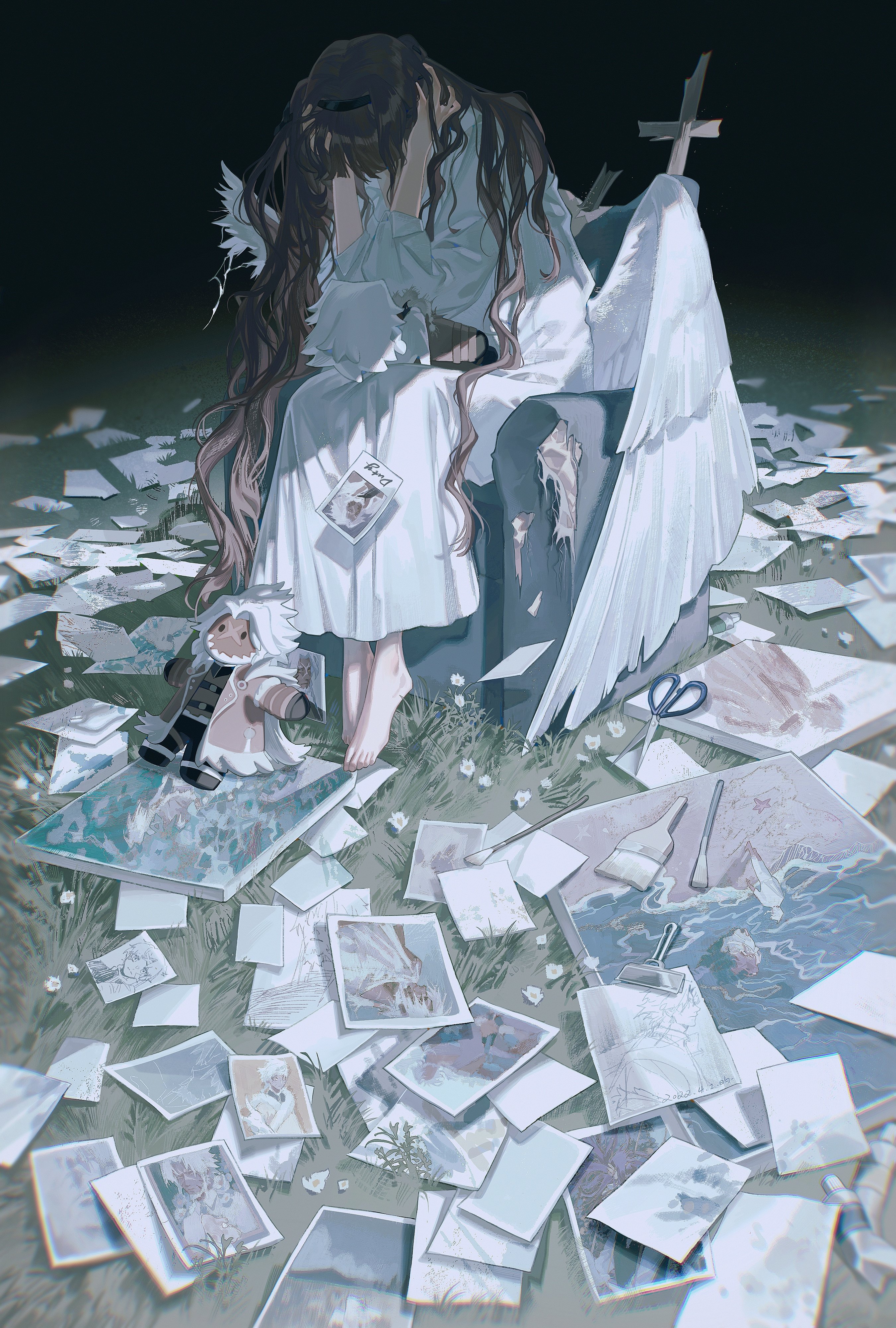 an anime girl with long brown hair is sitting on a tombstone with angel wings and crying. there is a cross on top of the tombstone. there are many white papers and art supplies scattered around the girl. the artwork on the papers looks like drawings, watercolors, and paintings.