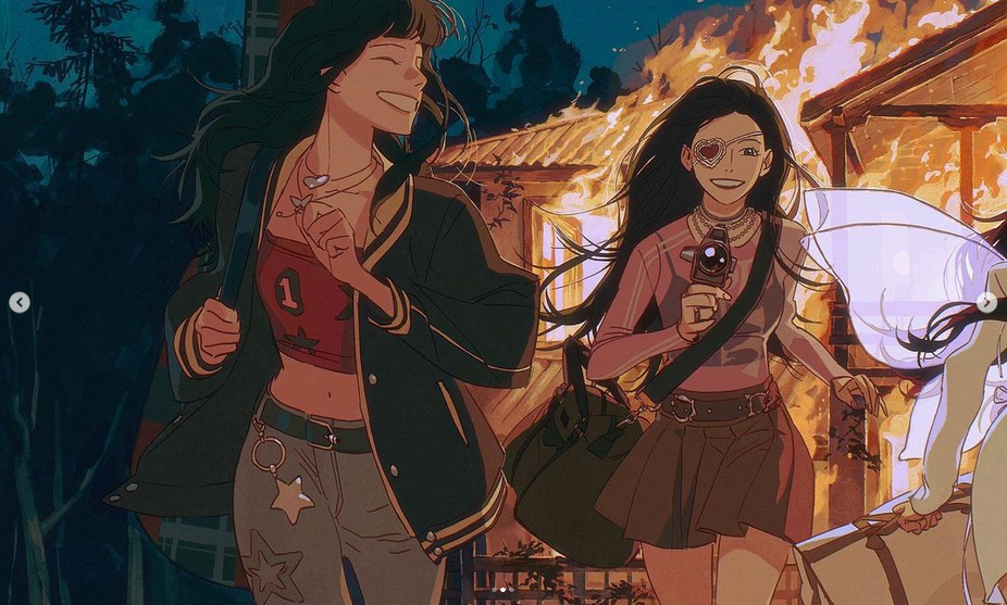 this is a vibrant animestyle illustration of two young women walking down a street at night. they are both dressed in fashionable attire and seem to be enjoying themselves. there is a house burning in the background.