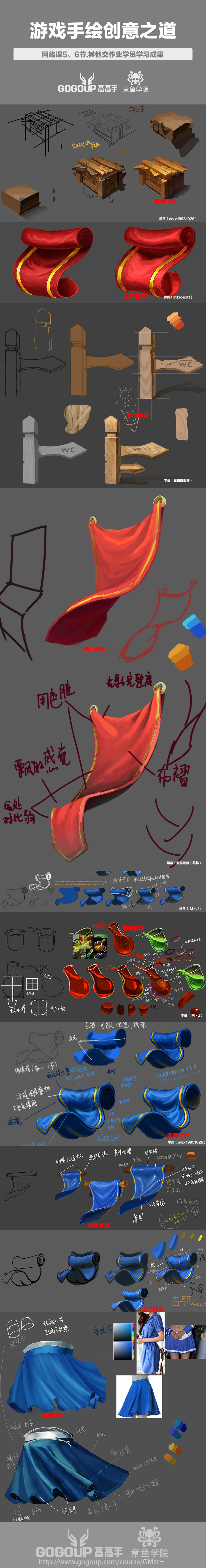 this image showcases the design process of a stylized red and gold throne with a blue cloth draped over it. the breakdown includes sketches, wireframes, 3d models, texture mapping, and potential color variations. the image appears to be a guide or tutorial for creating game assets, demonstrating the steps from concept to final polished product.