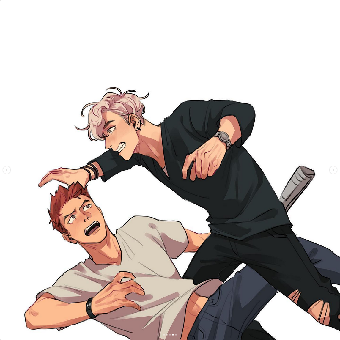 the image showcases two young men engaged in a dynamic struggle against a plain white background. the man on top, with stylishly messy blond hair and a black shirt, leans aggressively over the other, his hand pushing down on the man's head.  the man on the bottom, sporting reddish hair and a tan shirt, appears to be fighting back, his expression a mix of surprise and resistance. the low camera angle adds to the intensity of the scene. the soft lighting and limited color palette contribute to the overall dramatic effect.