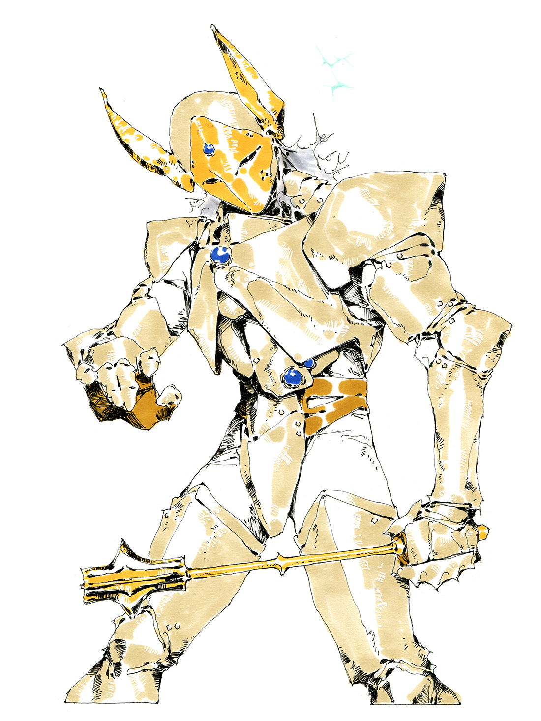 a fullbody illustration of a humanoid fantasy warrior clad in ornate, pale gold armor.  the armor features exaggerated horns on the helmet and is accented with blue gems. the warrior wields a large, spiked mace and stands against a plain white background. the art style is reminiscent of classic fantasy illustration with strong line work and flat coloring.