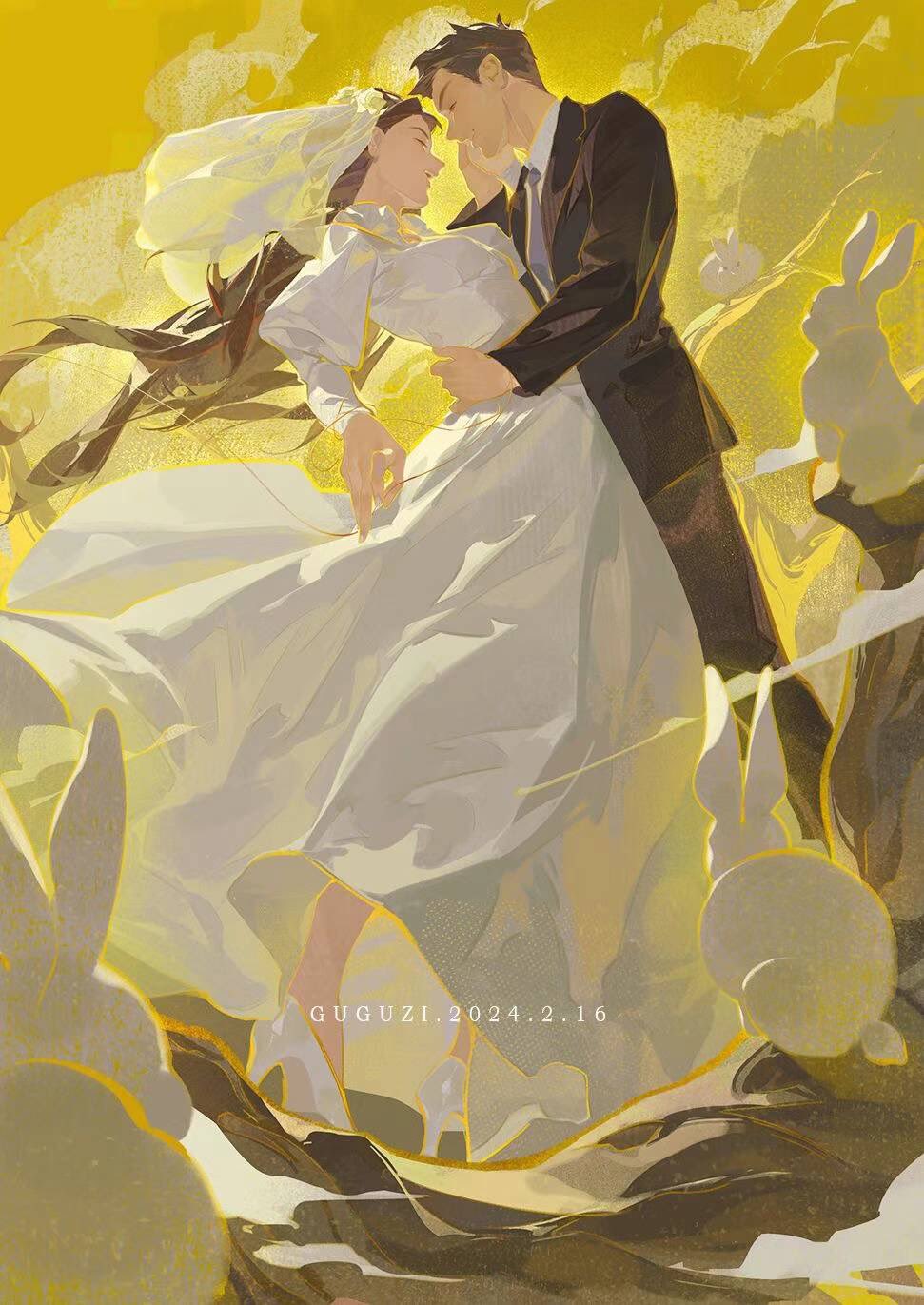 a bride and groom are locked in a loving embrace against a dreamy yellow background. the bride's dress flows around her and the groom is depicted in a dark suit. they appear to be floating amongst clouds and are surrounded by stylized rabbits. the overall feeling is one of love, joy, and ethereal beauty.