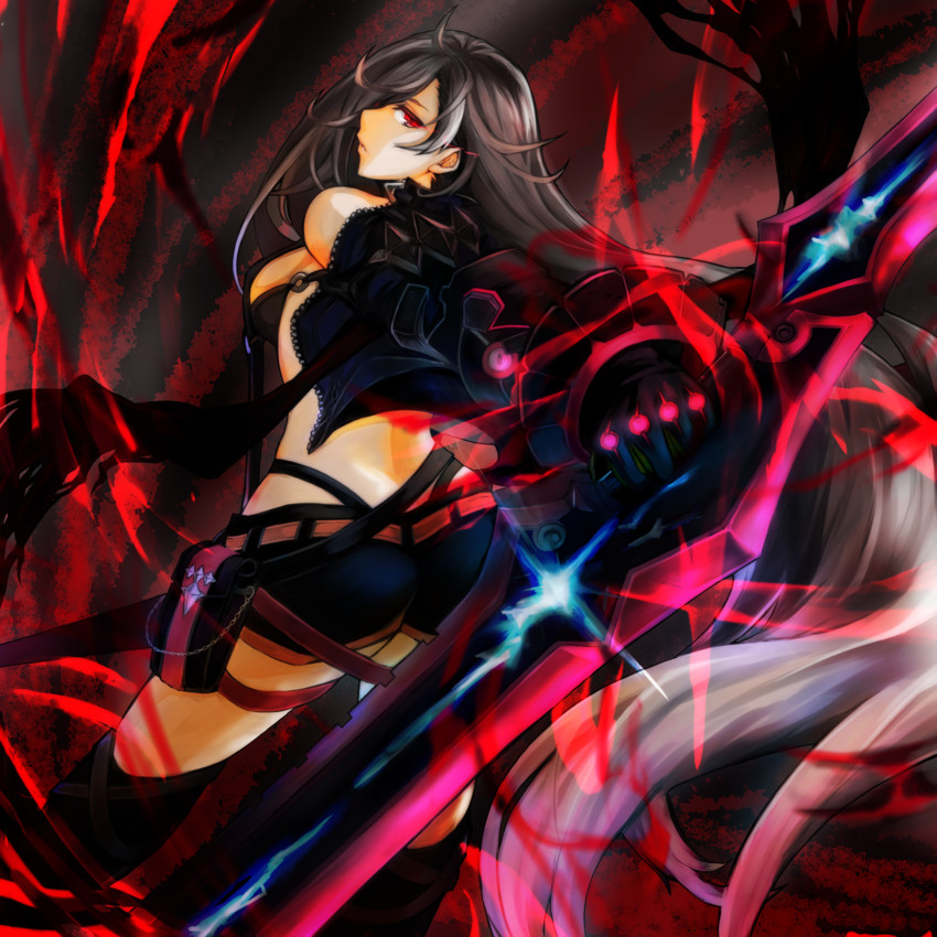 an anime style warrior woman stands in a fighting stance, surrounded by a powerful red aura. she holds a large red and blue sword. her expression is determined and fierce, and she appears ready for battle. the background is a dark and abstract swirl of red and black, emphasizing the power and intensity of the scene.