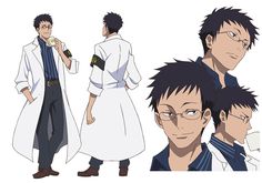 a character design sheet of a man with black hair and glasses wearing a long white lab coat over a dark blue uniform. he is shown in full figure from the front, back, and a 3/4 view. a closeup of his face is also included, showcasing a range of expressions. the art style appears to be from anime or manga.