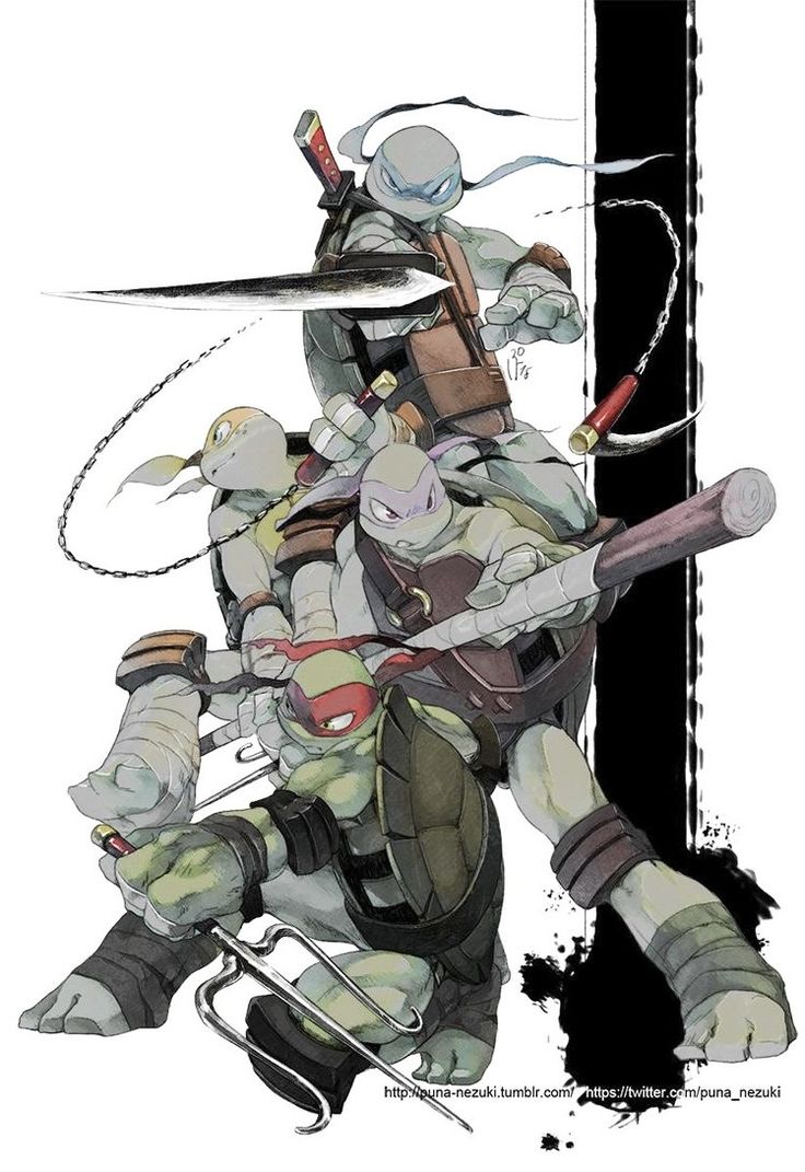a drawing of the teenage mutant ninja turtles, leonardo, donatello, michelangelo, raphael, in their typical pose, with their weapons, sai, katana, nunchaku, in a black and white style.