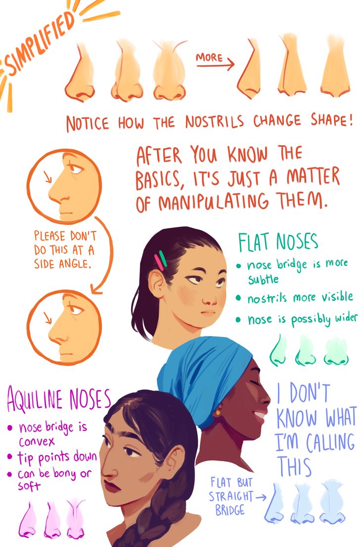 this is an image of a drawing guide showing different types of noses for artists. it contains examples of different nose shapes, including aquiline noses, flat noses, and a nose with a flat but straight bridge. it also shows simplified nose shapes and emphasizes how the shape of the nostrils changes. the image includes three different head drawing examples that show different nose shape examples on the character's face. the drawing is informative and educational.