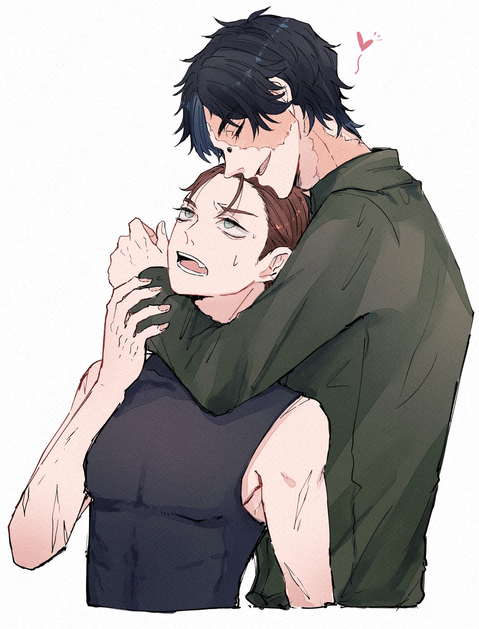 the image depicts a couple, possibly an anime or manga pairing. the taller male character is shown hugging the smaller female character from behind, with his arms wrapped around her waist. she looks up at him with a slightly surprised or happy expression, while he looks down at her with a gentle smile. the scene is intimate and affectionate, conveying a strong sense of love and closeness between the two characters.