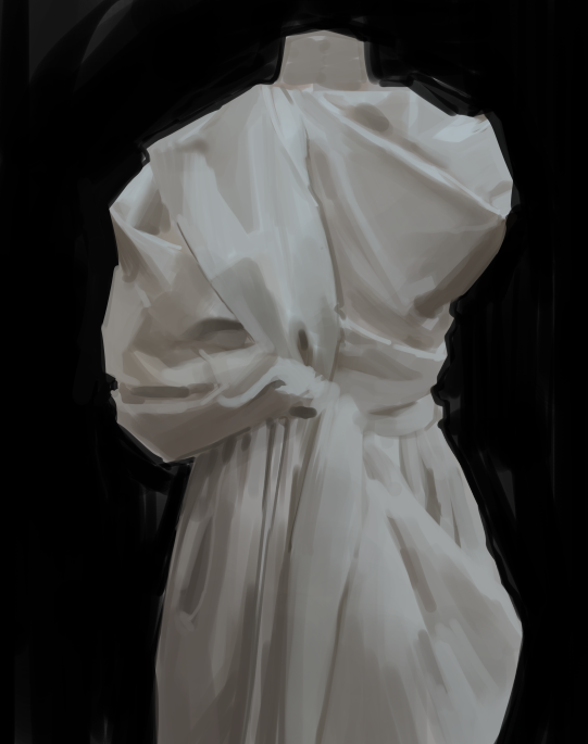 a closeup of a white dress draped over a mannequin, with the fabric flowing in folds and wrinkles. the background is dark, creating a stark contrast with the bright white of the dress. the dress is simple and elegant, with a smooth and silky texture. the image is minimalist, focusing solely on the beauty of the dress itself.