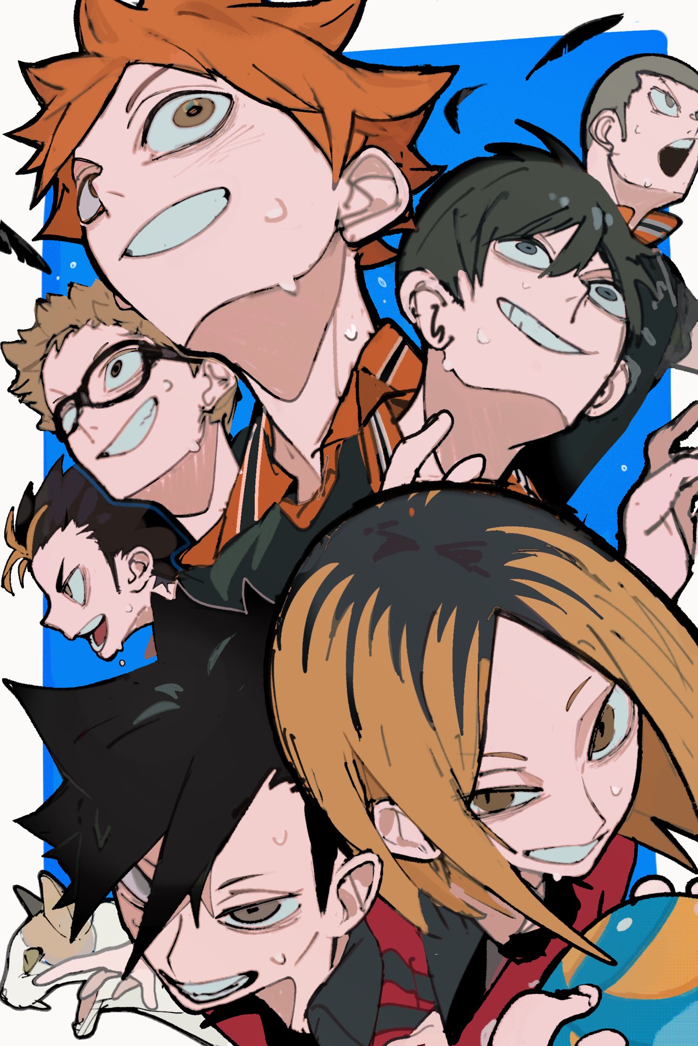 an anime illustration of a group of male teen volleyball players in their team uniforms. they all have their arms around each other and are smiling happily. one player is holding a volleyball and the other has a cat on his shoulder.
