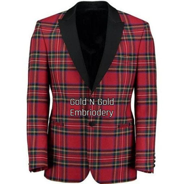 a red plaid blazer with a black lapel is displayed. the blazer is fully buttoned and has a classic cut.