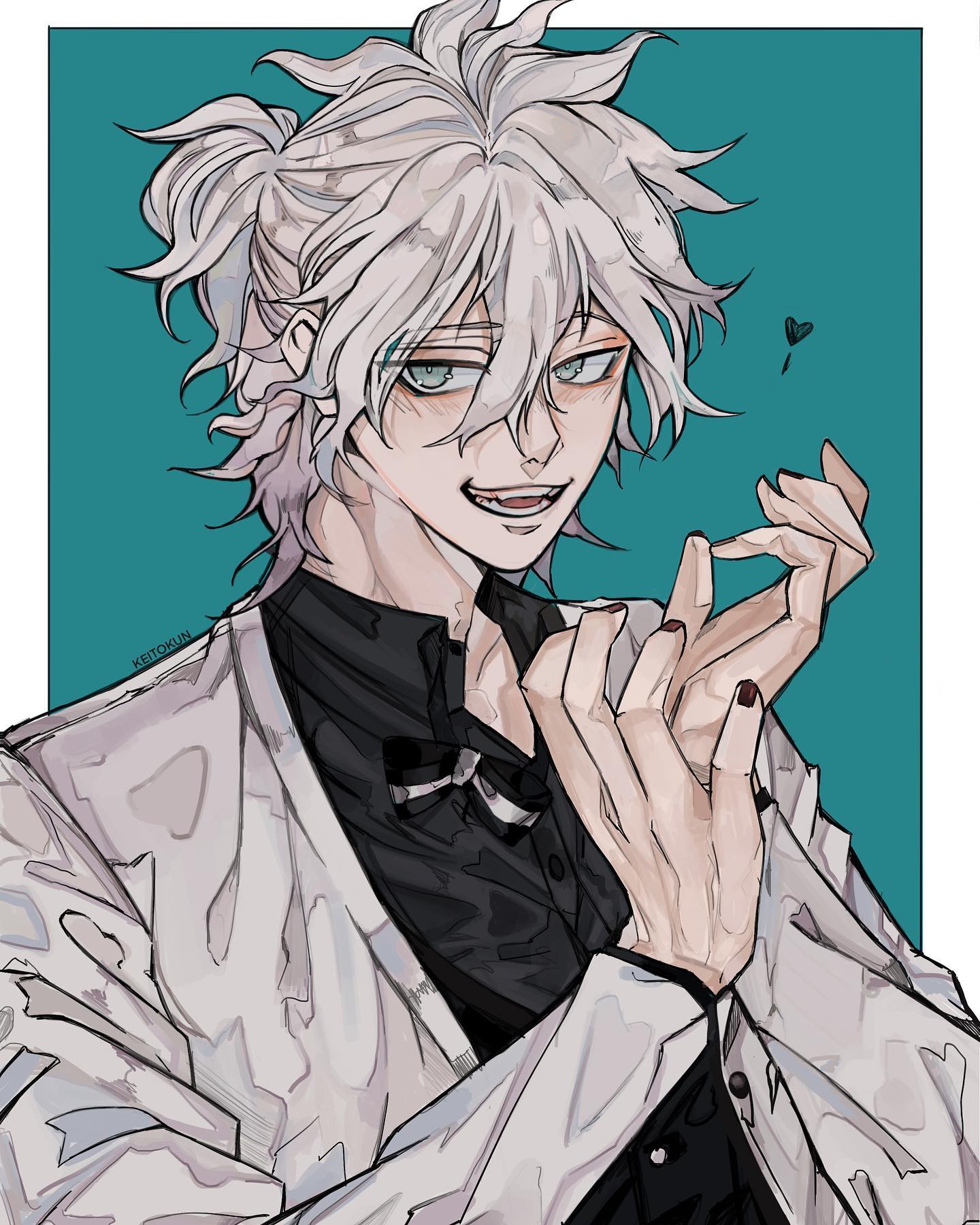the image is a digital drawing of an animestyle male character. he has long, white hair styled in a ponytail, and is wearing a white jacket over a black shirt with a bow tie. his expression is flirtatious and confident, and he's posing with his hands near his face. the background is teal. the art style is smooth and detailed, with attention to shading and texture. the overall aesthetic is fashionable and stylish.