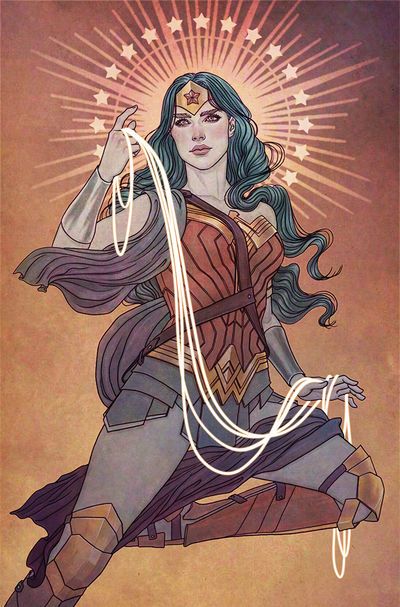 the image is a comic book style depiction of wonder woman. she is holding her lasso of truth, which glows with light. she wears her classic outfit with a tiara on her forehead. behind her is a radiant halo of stars. the image has a vintage art deco feel.