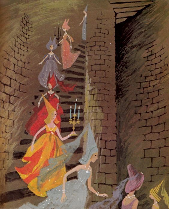 illustration of a group of princesses in gowns and pointed hats walking up a brick staircase in a castle setting. some carry candles. the style is reminiscent of vintage fairytale art.