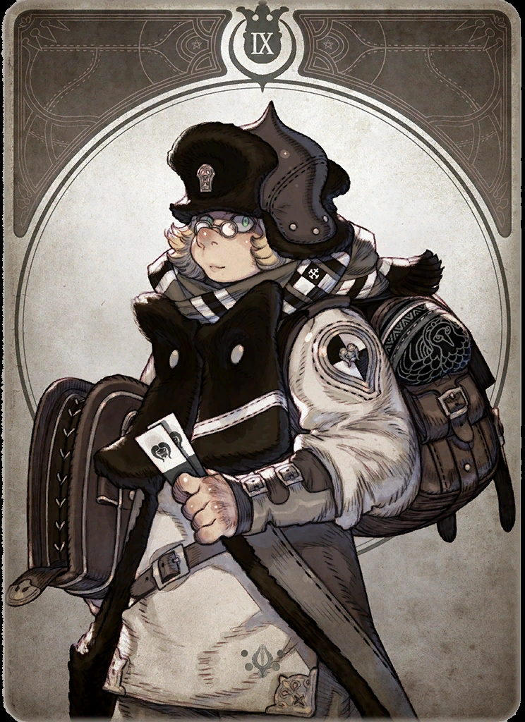 a young woman is depicted in a tarot card illustration. she's bundled up in a thick winter coat, scarf, and hat, suggesting a journey or a period of solitude. she's holding a lantern and a staff, further emphasizing the themes of searching and guidance.  the overall tone of the image is mysterious and contemplative, aligning with the traditional interpretations of the hermit tarot card.